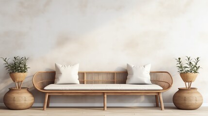 render 3d style ScandiBoho furniture wooden interior simple white mock Wall room scandinavian bohemian background minimal bench modern chair wicker home rattan ethnic template floo