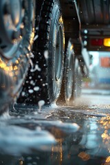 Washing a truck outside up close at a car wash using detergents 