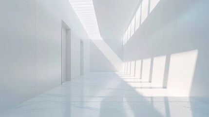 Fototapeta premium Pristine white gallery room, minimalist design, isolated background, bright studio lighting, ideal for showcasing advertisements