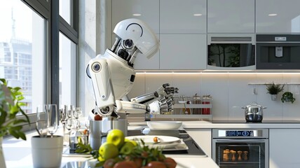 robotic chef preparing a meal in a contemporary kitchen, using advanced cooking techniques
