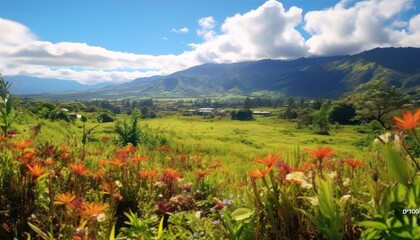A stunning spring day landscaping views of fertile land surrounded beautiful green vegetation, wide stretches of hills and mountains with clear skies in spring