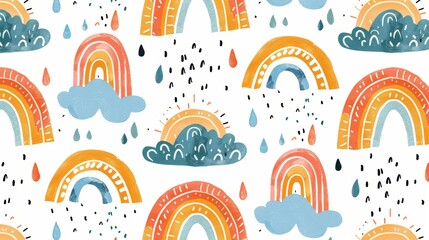Playful hand-drawn sky pattern, rainbows with soft gradients, delicate rain drops, seamless and cheerful for kids' backgrounds