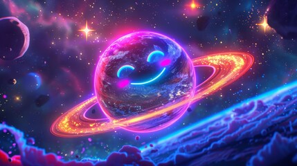 Planet with neon rings, smiling moon and stars, cartoon space explorers, vibrant and cheerful space adventure