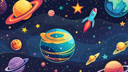 Planet with dazzling rings, happy planets and stars, colorful rockets, imaginative and playful space design