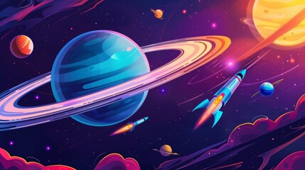 Planet with dazzling rings, happy planets and stars, colorful rockets, imaginative and playful space design