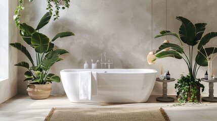 Opulent bathroom featuring a freestanding tub, natural blend of white and green tones, minimalist decor, large indoor plants, calming vibes, high-end finish