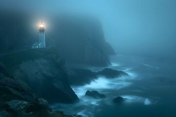 Solitary Lighthouse Beacon Illuminating the Misty Evening Sky with Waves Crashing Against Rock...