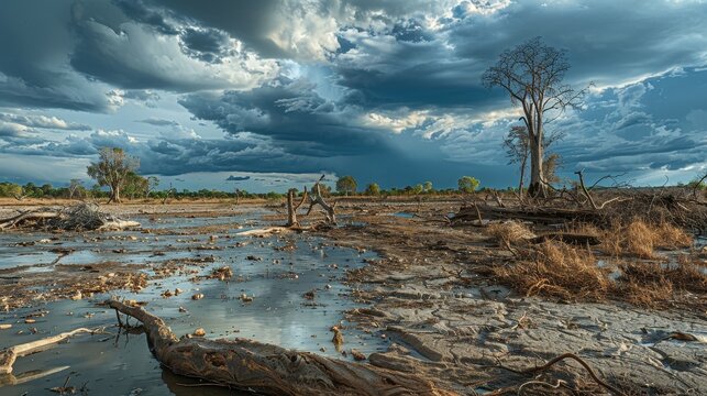 Parched riverbed, scattered debris, twisted trees, threatening storm clouds, dramatic and eerie setting