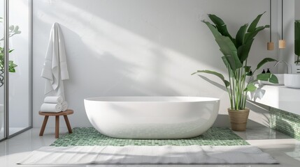 Modern bathroom with freestanding tub, elegant mix of white and green tones, minimalist style, soft natural light, tranquil and upscale atmosphere