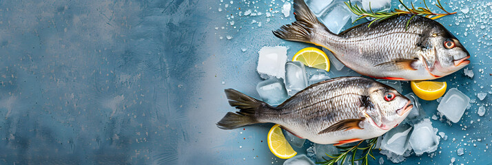 Raw fresh dorado or sea bream on ice cubes on blue concrete background. Long banner format. top view - Powered by Adobe