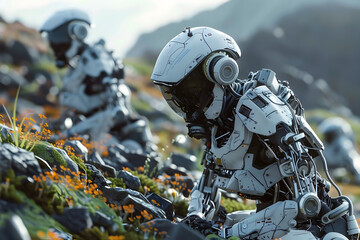 Humanoid Robots Engaging in Manual Labor on a Sprawling Terraformed Alien Planet with Muted Color Palette and Cinematic Photographic Style