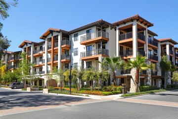Fototapeta premium The Exterior of a Modern Apartment Building Showcasing Contemporary Architectural Design and Sleek Urban Aesthetics
