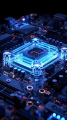 Fototapeta premium Luminous Blue Motherboard with Illuminated Central Integrated Circuit Component - Cutting-Edge Computer Hardware