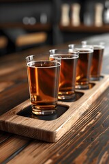 Minimalist Beer Tasting Clipart with Wooden Flight Tray and Amber Liquid-Filled Glasses