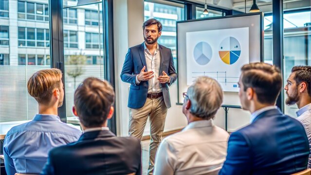 Startup Founder &ndash; Pitch Presentation: A dynamic startup founder presenting innovative ideas to potential investors.
