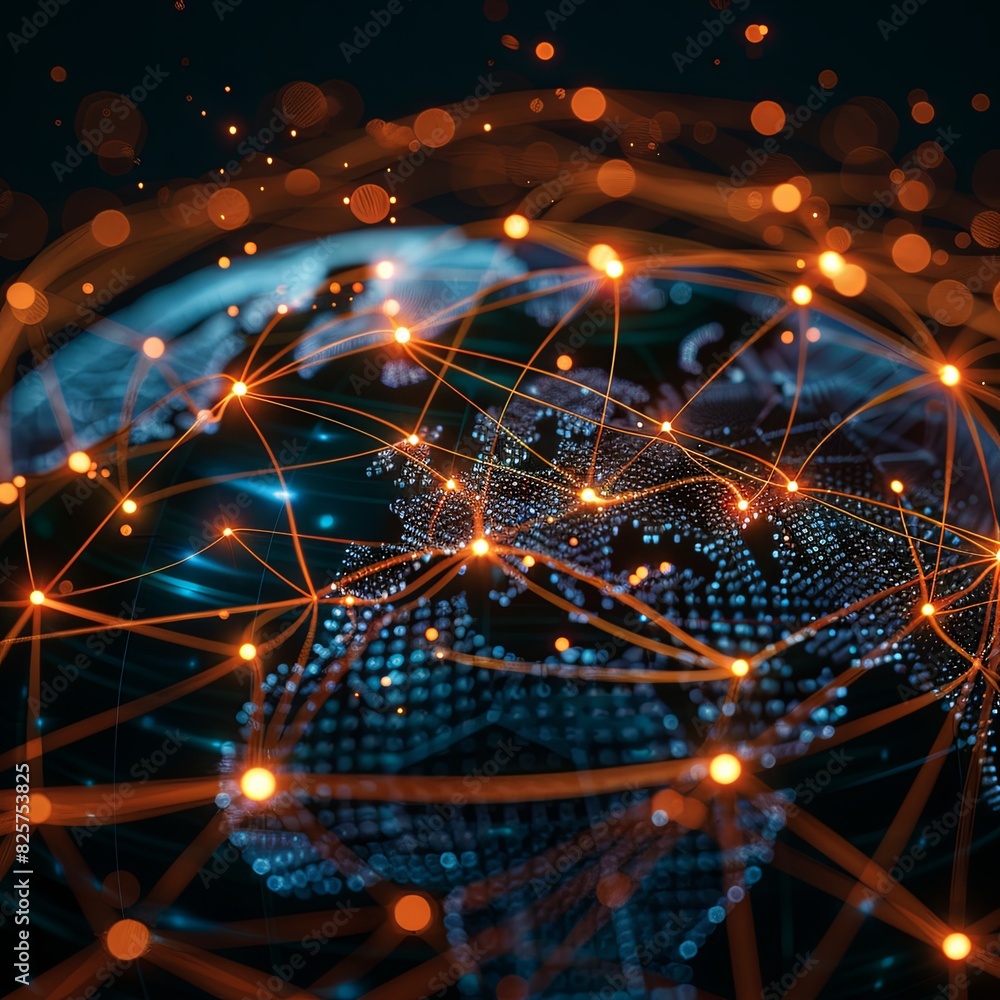 Poster close-up of a 3d holographic globe displaying global connectivity with nodes and lines representing 