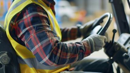 A worker in a high visibility vest operates a forklift adhering to proper safety protocols and avoiding potential hazards.