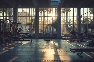 City Views from Modern Gym with Sunlight Streaming Through Glass