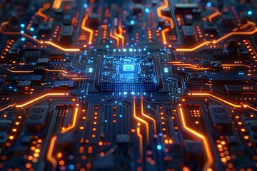 Fototapeta premium Pulsating Technological Landscape:A Captivating Digital of Innovative Circuit Board and Microchip Dynamics