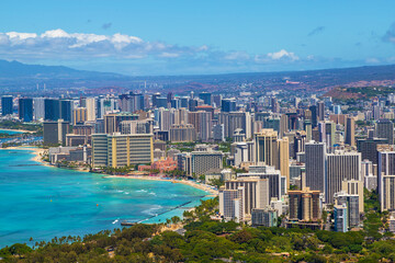 Honolulu city skyline view from Diamond Head lookout in Waikiki, Oahu, Hawaii