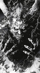 Fototapeta premium Sinister Japanese Yokai Spirit Adorned with Menacing Horns and Skeletal Hands Crackling with Electric Energy in a Kamakura-Inspired Printmaking Style
