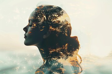 mental wellness close up, focus on, copy space soothing calm hues, double exposure silhouette with meditation