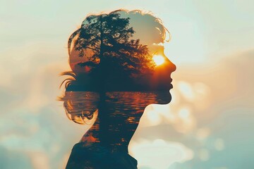 mental wellness close up, focus on, copy space soothing calm hues, double exposure silhouette with meditation