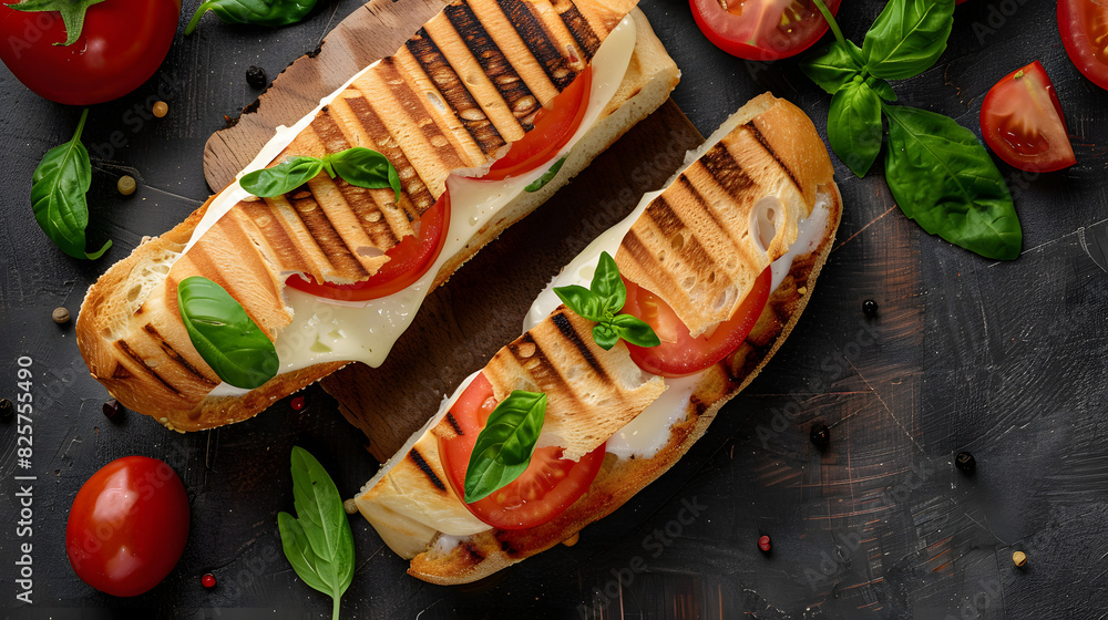 Wall mural pressed and toasted panini caprese with tomato, mozzarella and basil, caprese panini sandwich. delic