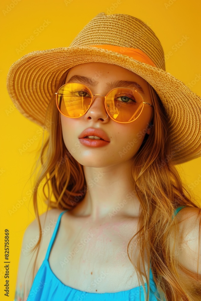 Wall mural young beautiful woman portrait wearing a hat and sunglasses on color background, summer vacation con