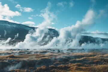 Fototapeta premium A field of smoke and steam rises from the ground