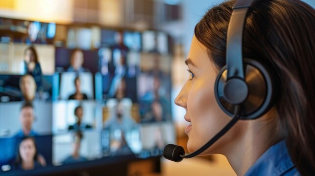 A worker using a headset with a microphone conducting a virtual site walkthrough with team members who are working remotely.