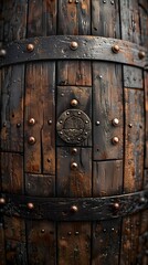 Weathered Wooden Beer Barrel with Copper Hoops and Aged Patina Finish in a Rustic Cellar Setting