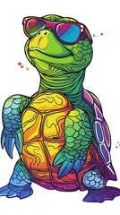 Cartoon colorful turtle with sunglasses on white background