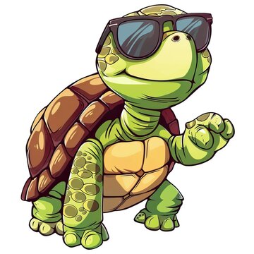 Cartoon colorful turtle with sunglasses on white background