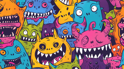 Whimsical Monster Doodle Pattern with Colorful Smiling Characters