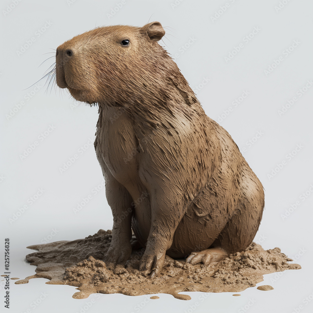 Aufkleber 27 - create an image of a capybara enjoying a mud bath, looking content, on a pristine white backdro