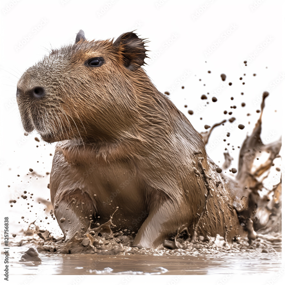 Poster 27 - create an image of a capybara enjoying a mud bath, looking content, on a pristine white backdro