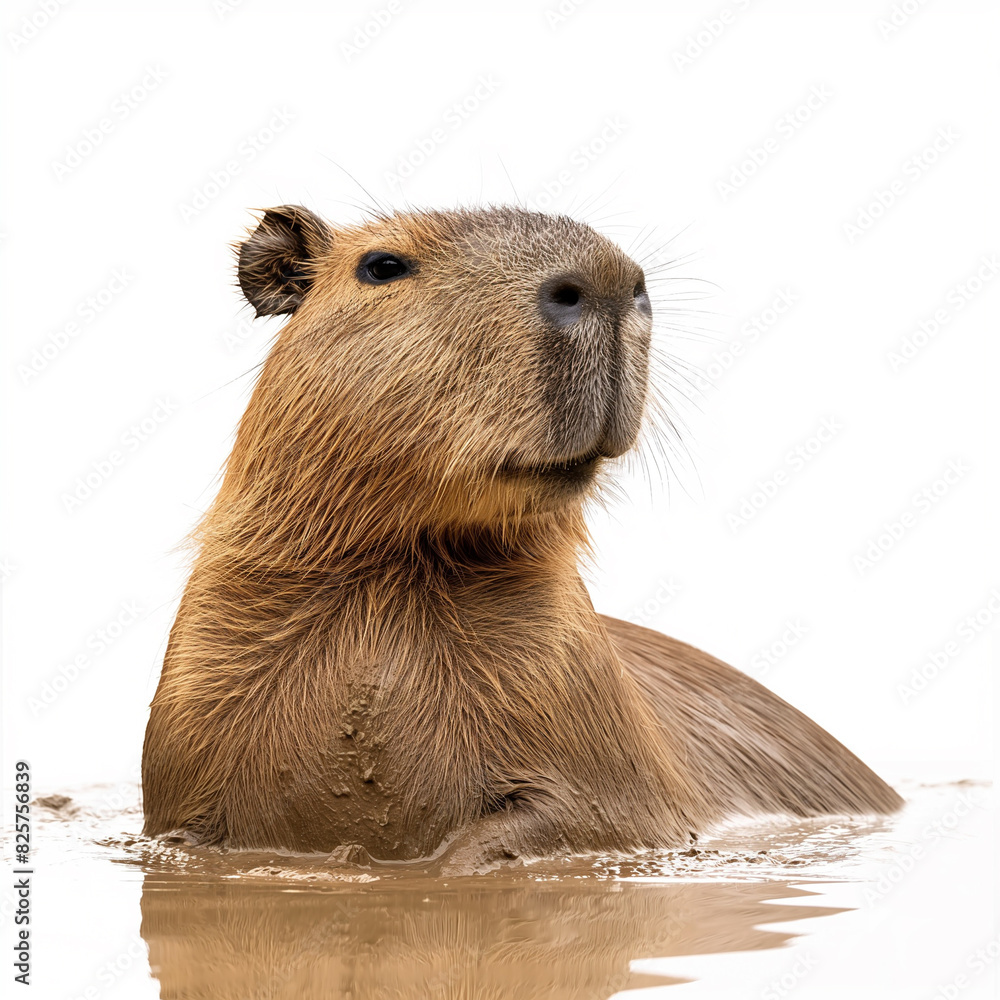Aufkleber 27 - create an image of a capybara enjoying a mud bath, looking content, on a pristine white backdro