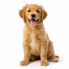 37 - Show a golden retriever puppy sitting with its tongue out, looking happy, against a white background.