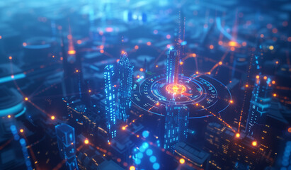 Obraz premium 3D rendering of the cityscape illuminated by glowing digital connections, representing advanced technology and smart urbanism in an overthetop style. The background is a dark blue sky with neon light 