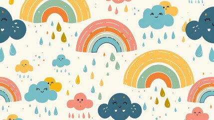 Kids' seamless sky pattern, colorful rainbows arching across, cute rain drops falling, light and airy design