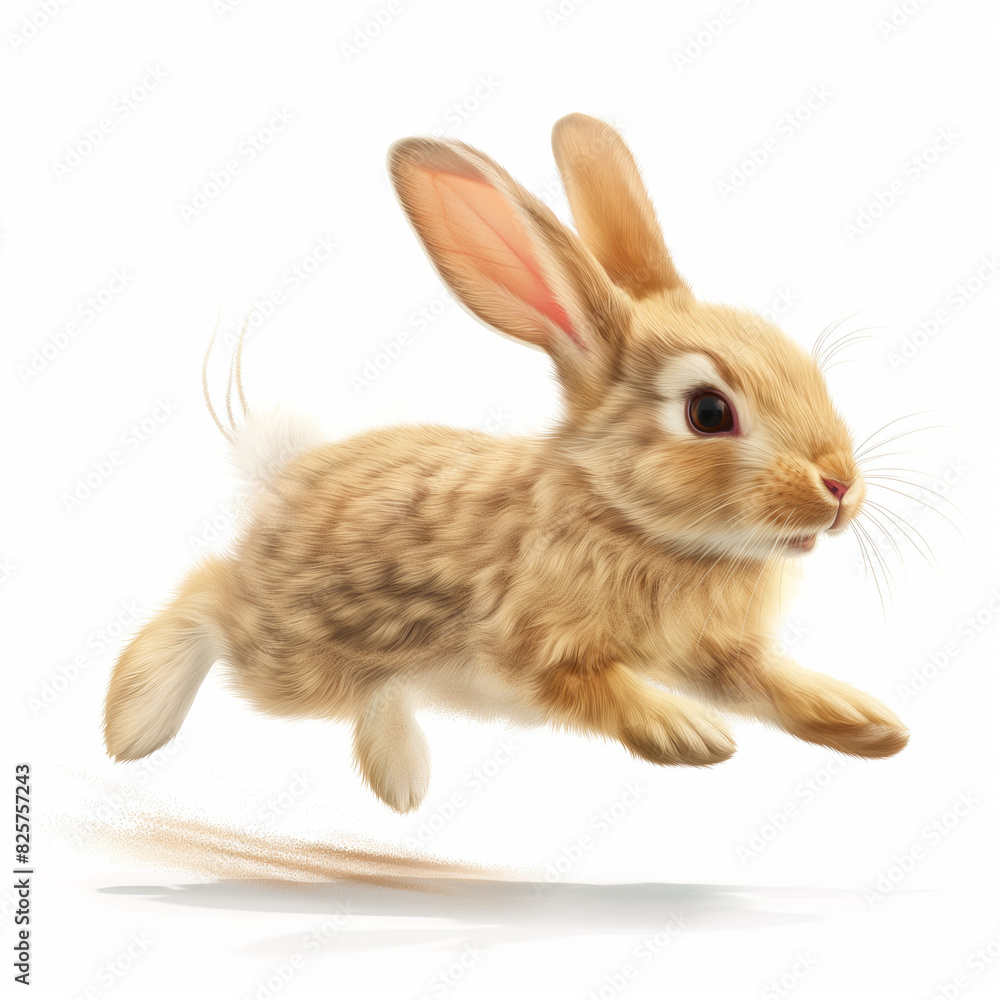 Poster 10 - create a playful rabbit hopping with its ears flapping and a joyful expression, on a white back