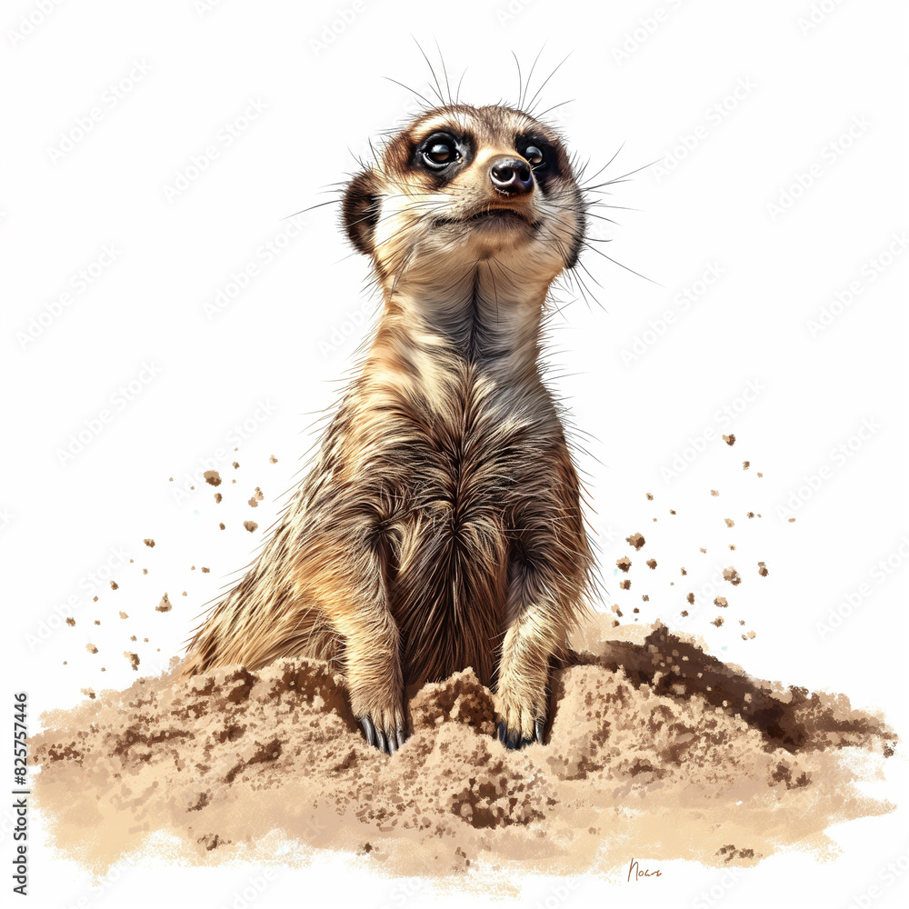 Poster 19 - create a playful meerkat digging in the sand with a determined expression, on a pristine white 