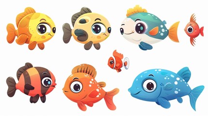 Obraz premium Cartoon baby fish set, vector illustration of a fish 