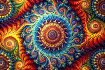Computer-generated fractal designs with complex, repeating patterns and vibrant colors, creating visually captivating abstract imagery