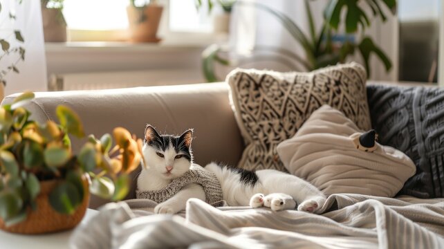 cat lounging on a couch, mimicking the relaxed posture of a real cat, in a cozy home setting