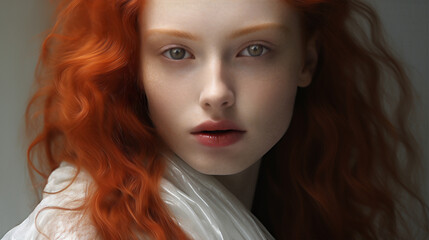 Fototapeta premium Closeup of a model with pale skin and firry red hair.