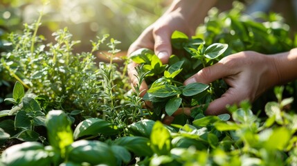 Hands presenting a bounty of fresh herbs like basil, rosemary, and thyme, the aromatic greens against a sunlit garden backdrop