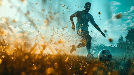soccer game close up, focus on, copy space energetic field tones, double exposure silhouette with player