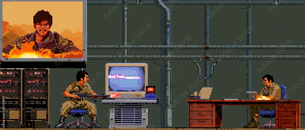 Poster two men are sitting at a desk in front of a computer monitor
